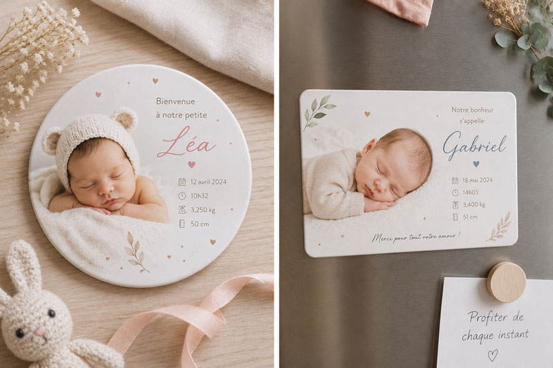 Magnets de naissance personnalisés rond et rectangulaire avec photo de bébé