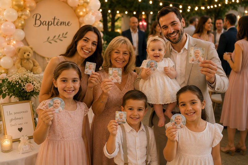 Invités avec leurs magnets personnalisés après un baptême à Montpellier ou Nîmes