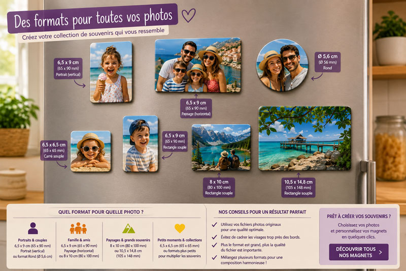 Différents formats de magnets photo personnalisés sur un réfrigérateur