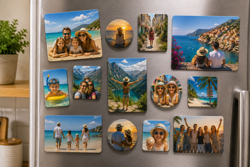 Collection de magnets photo personnalisés de vacances sur un réfrigérateur